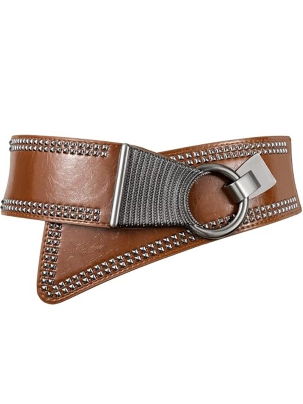 Brown Wide Studded Waist Belt Vegan Leather Stretch Punk Rock 80s Statement Belt